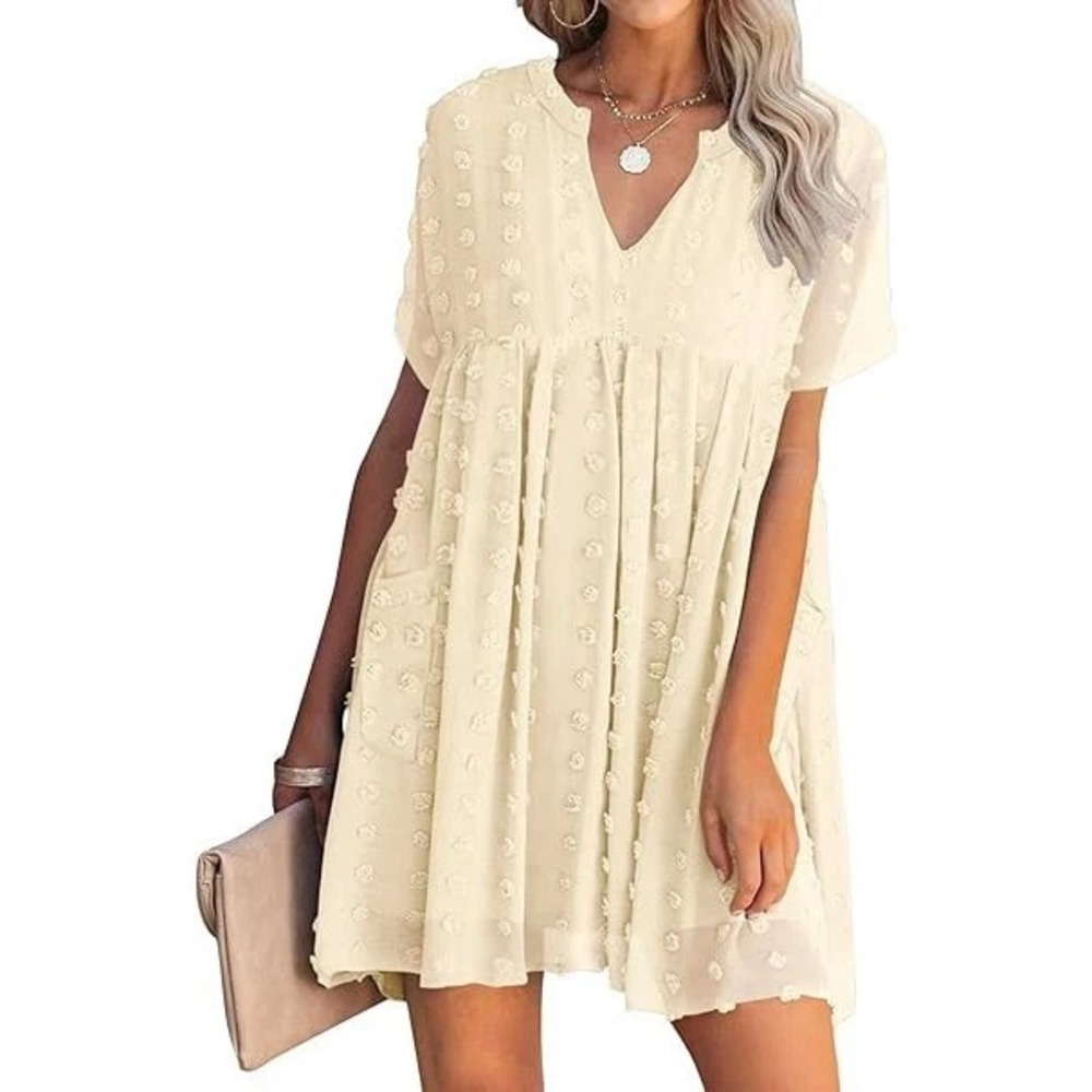 Miholl Dress Womens Small Ivory Mini Sheer Swiss Dot Short Sleeve V Neck Flowy